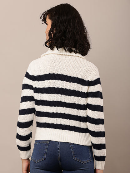 Acrylic Full Sleeve with Shirt Collar Striped White & Black Sweater