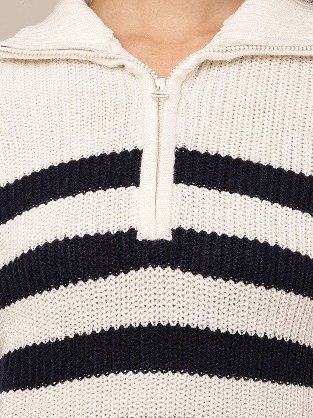 Acrylic Full Sleeve with Shirt Collar Striped White & Black Sweater