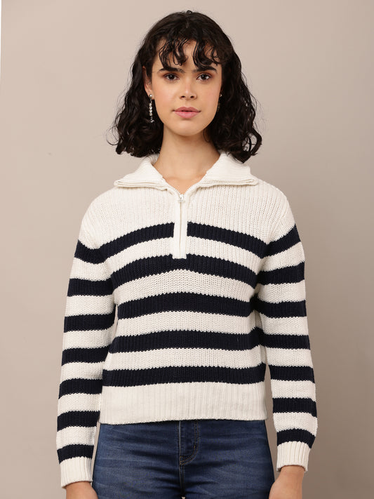 Acrylic Full Sleeve with Shirt Collar Striped White & Black Sweater