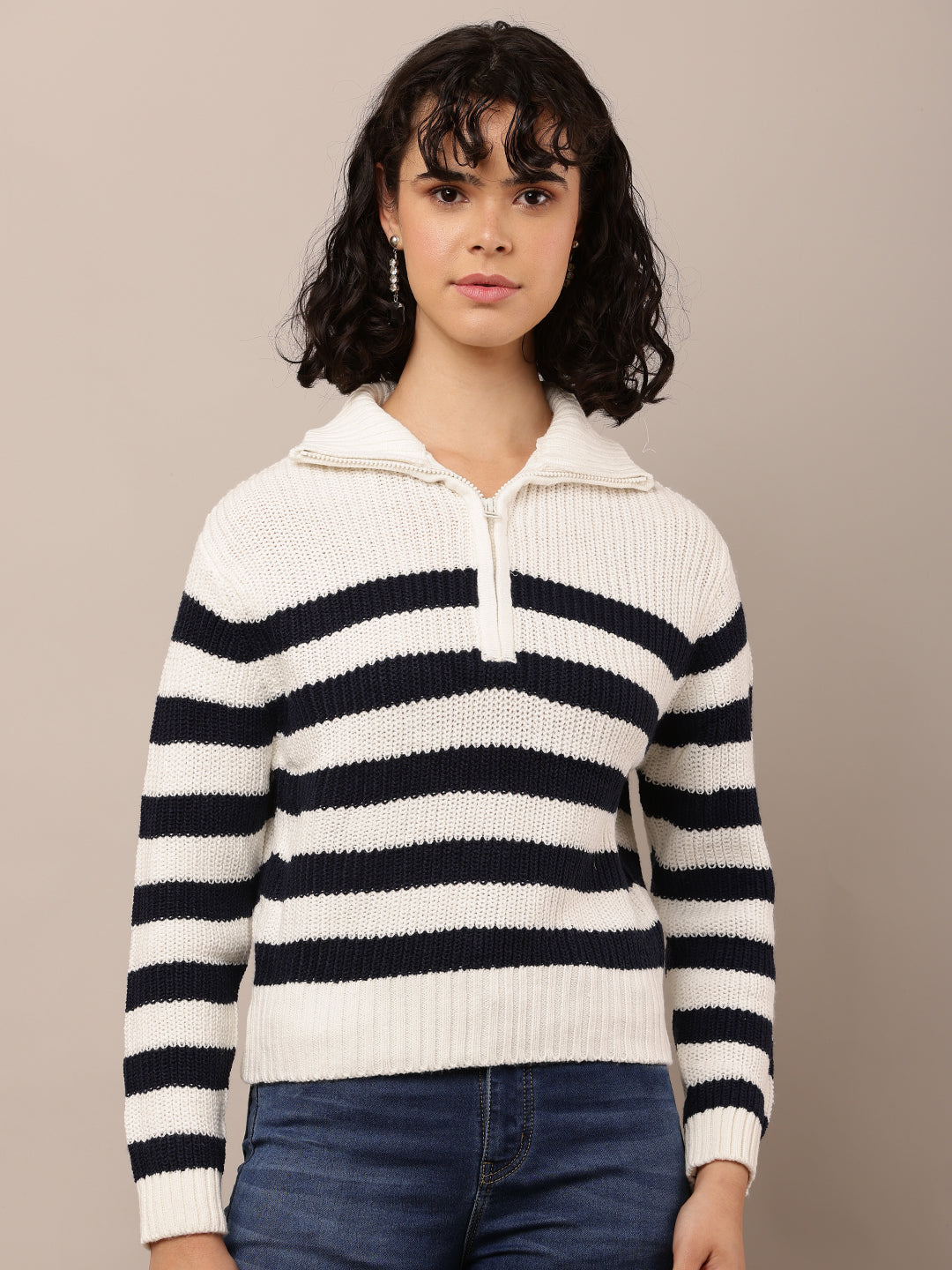 Acrylic Full Sleeve with Shirt Collar Striped White & Black Sweater