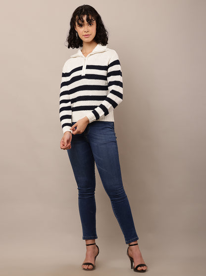 Acrylic Full Sleeve with Shirt Collar Striped White & Black Sweater