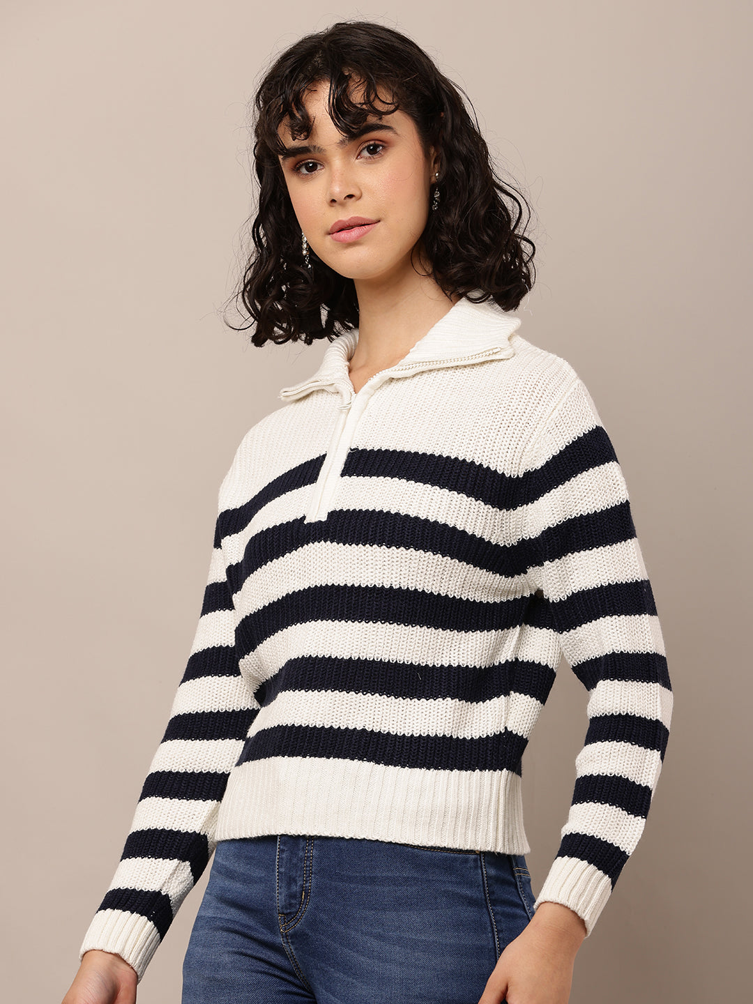 Acrylic Full Sleeve with Shirt Collar Striped White & Black Sweater