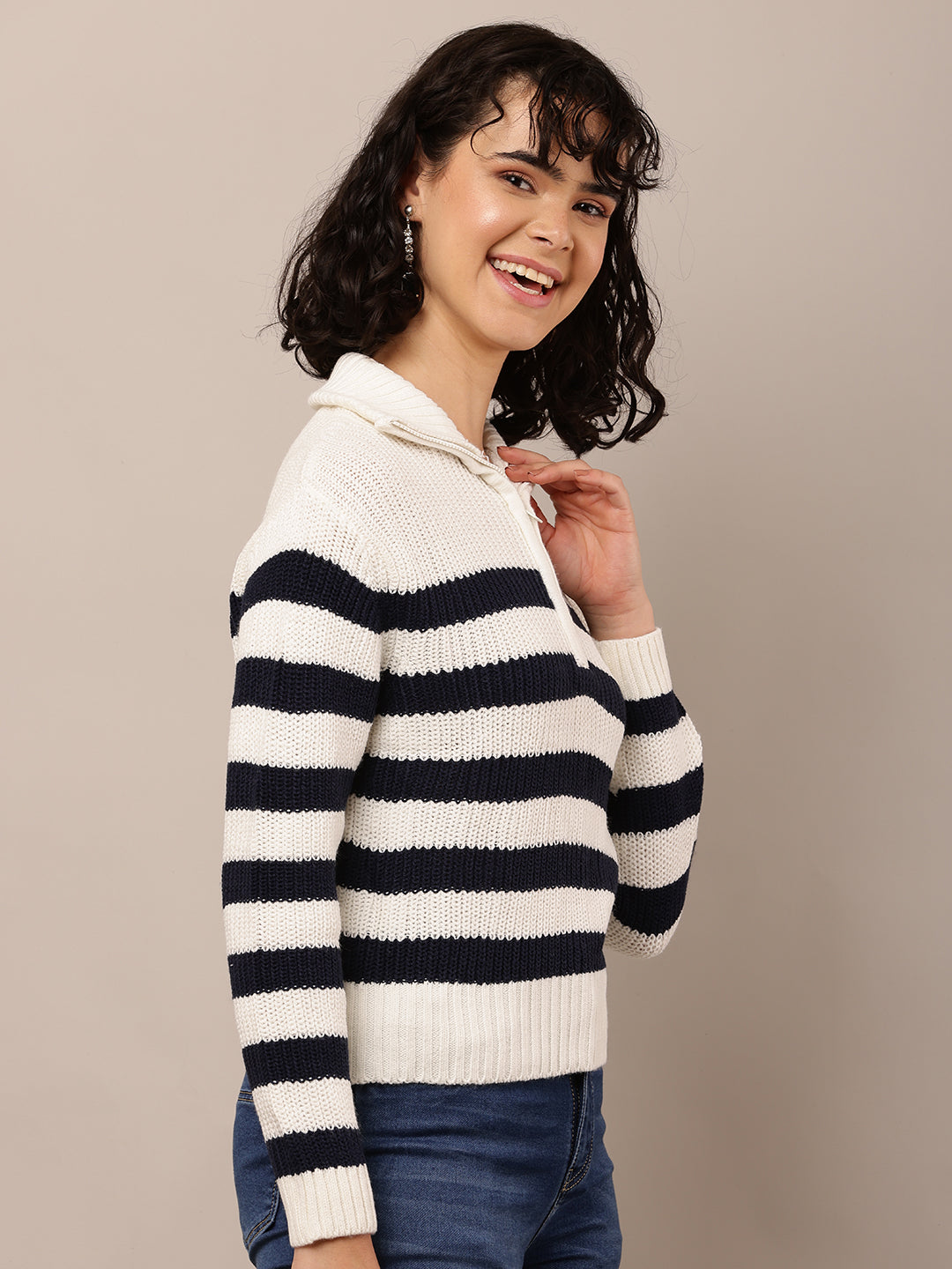Acrylic Full Sleeve with Shirt Collar Striped White & Black Sweater