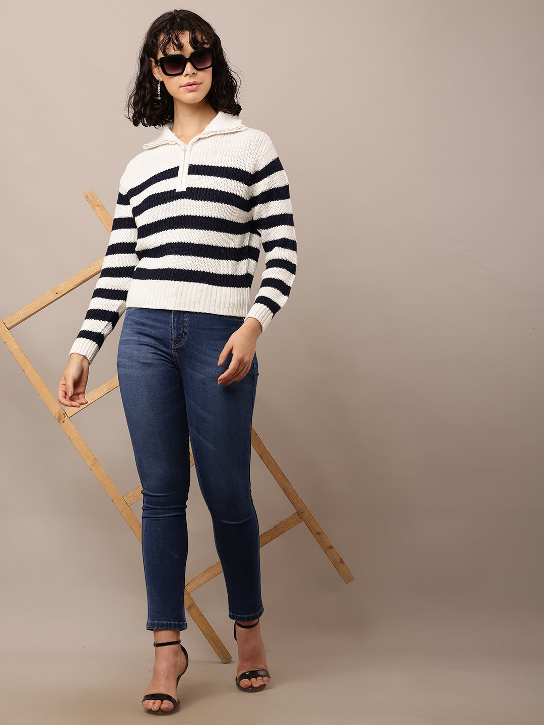 Acrylic Full Sleeve with Shirt Collar Striped White & Black Sweater