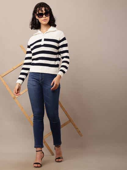 Acrylic Full Sleeve with Shirt Collar Striped White & Black Sweater