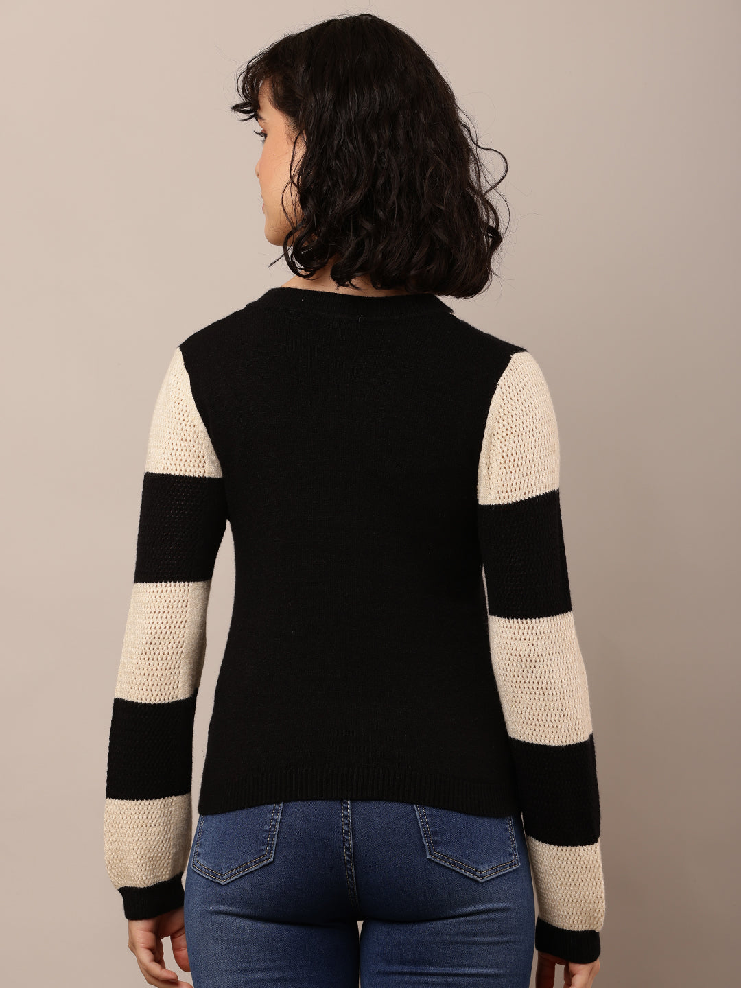 Viscose Round Neck with Full Sleeve Beige and Black Sweater
