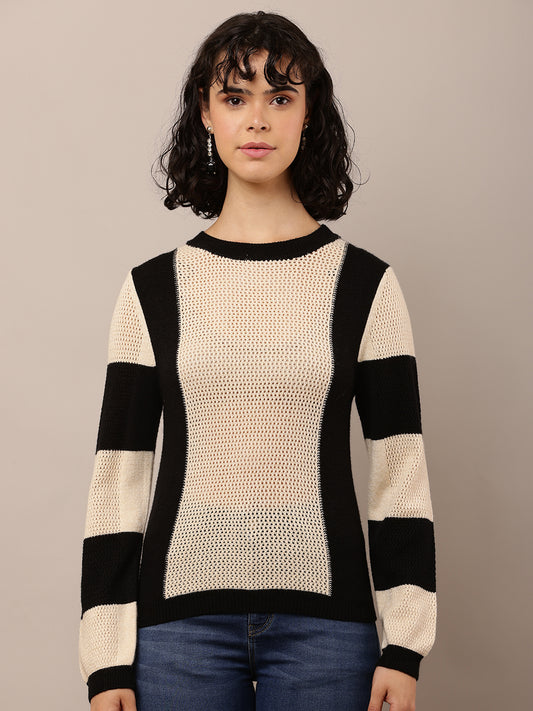 Viscose Round Neck with Full Sleeve Beige and Black Sweater