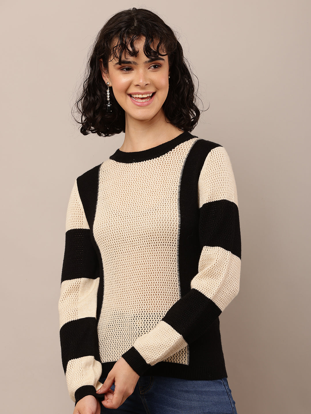 Viscose Round Neck with Full Sleeve Beige and Black Sweater