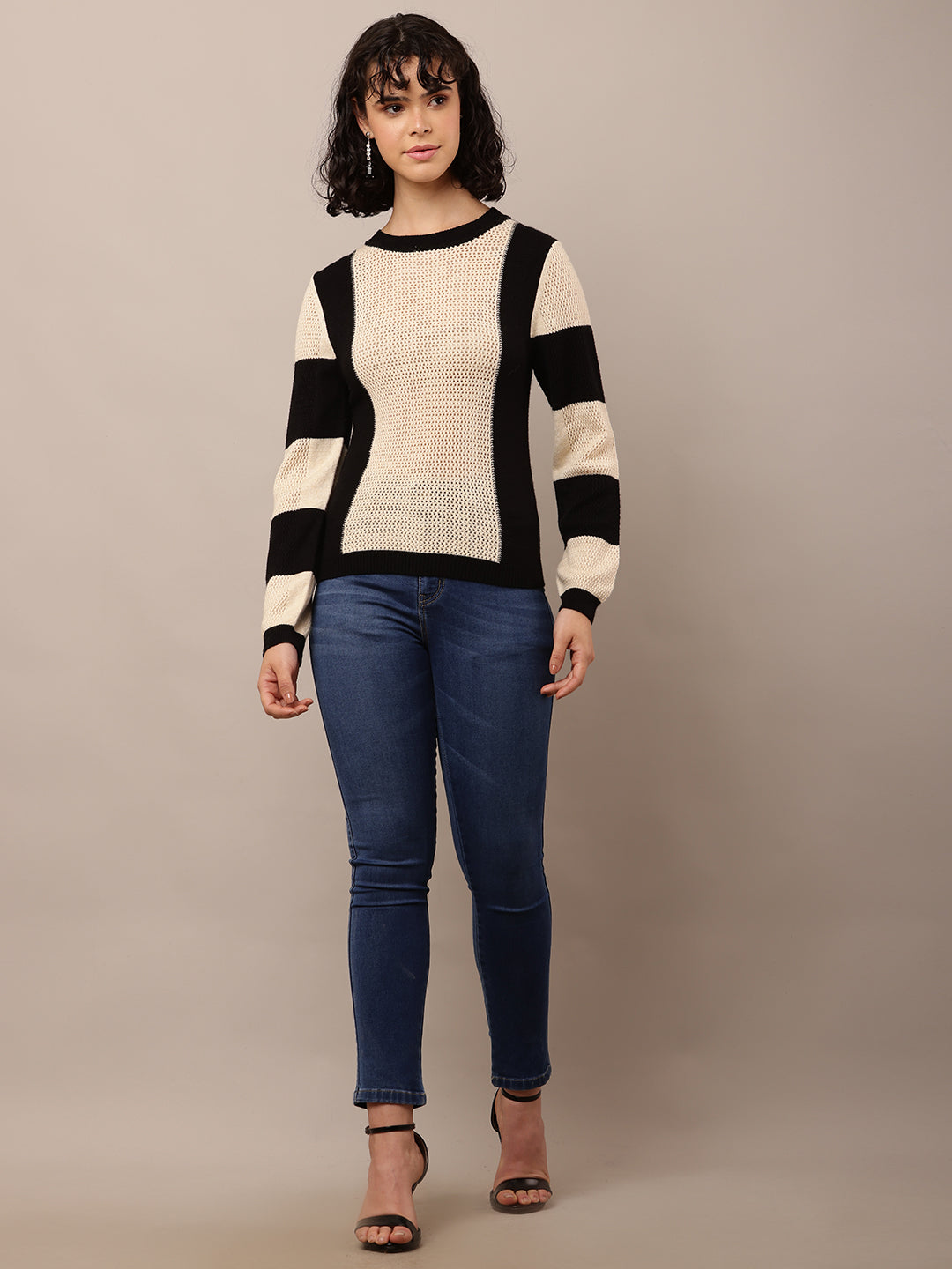 Viscose Round Neck with Full Sleeve Beige and Black Sweater