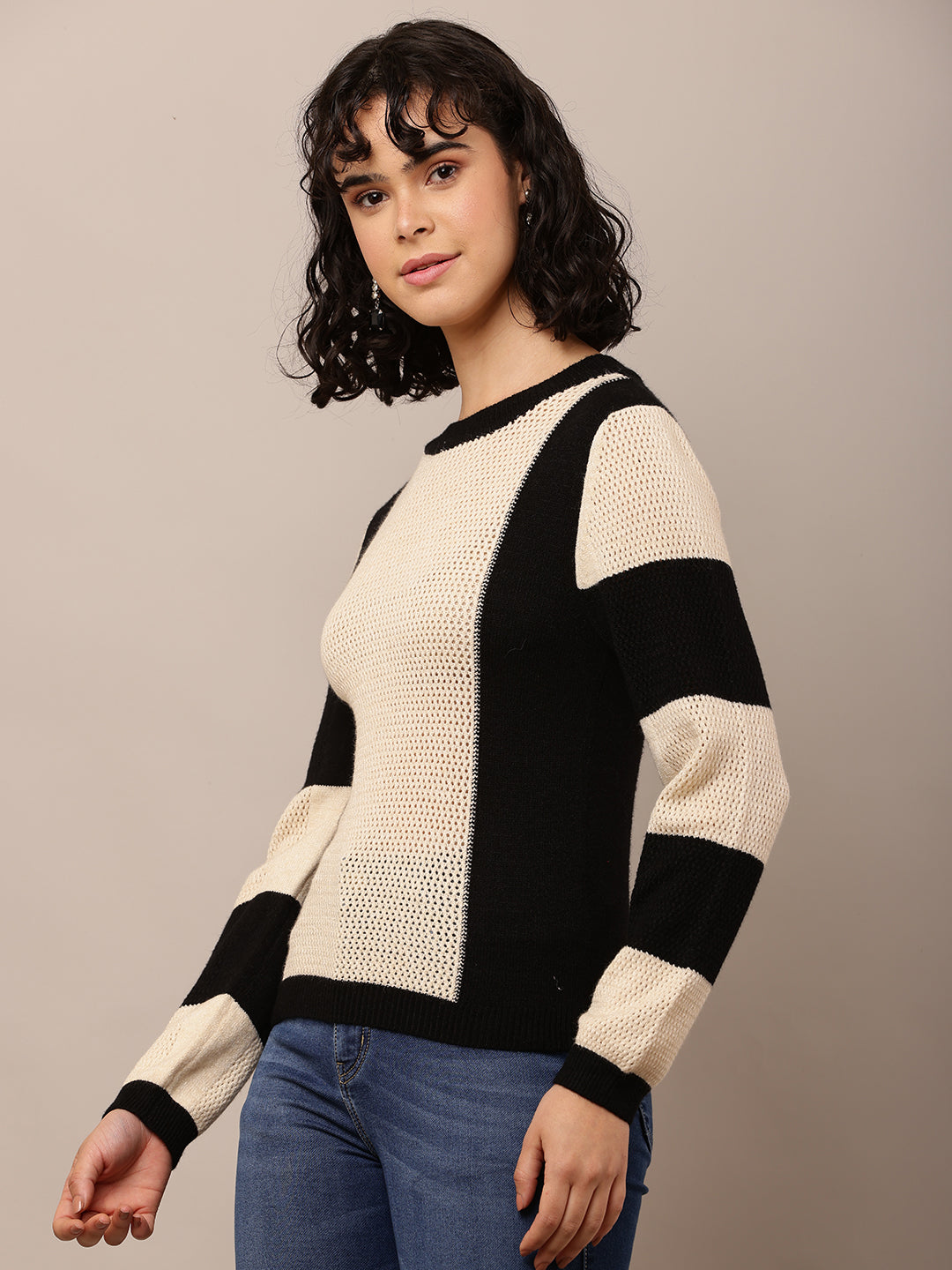 Viscose Round Neck with Full Sleeve Beige and Black Sweater