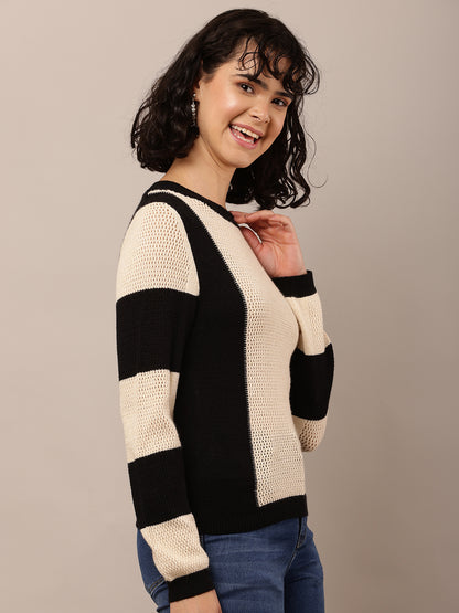 Viscose Round Neck with Full Sleeve Beige and Black Sweater