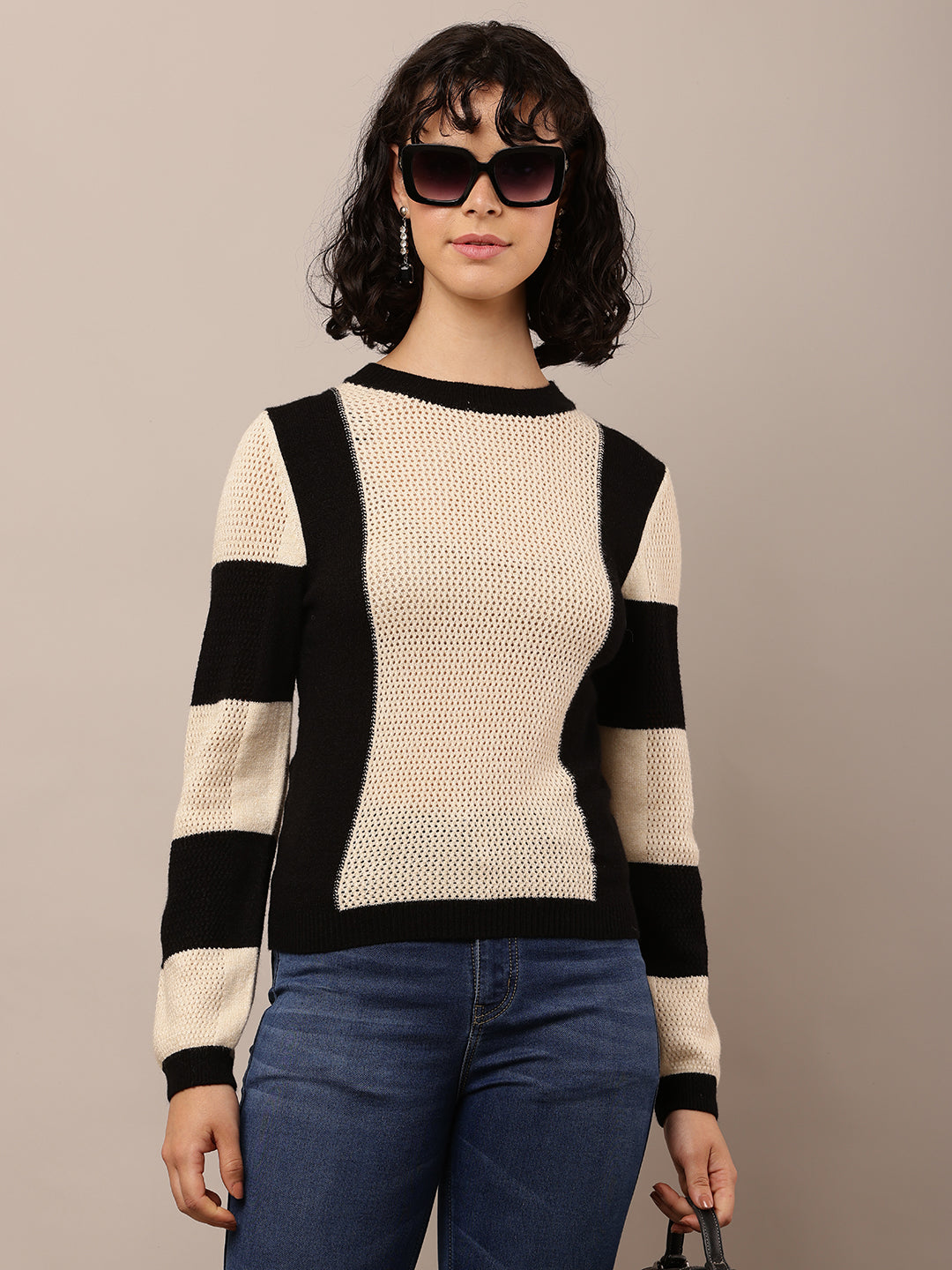 Viscose Round Neck with Full Sleeve Beige and Black Sweater