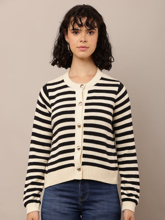 Cotton Full Sleeve with Round Neck Striped Cardigan