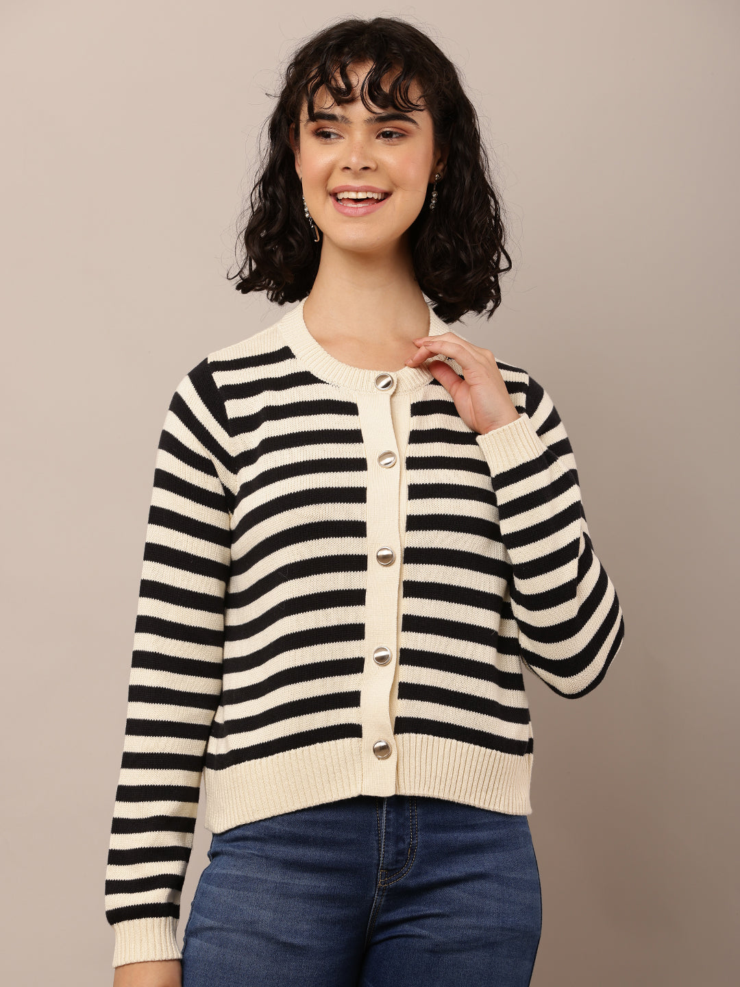 Cotton Full Sleeve with Round Neck Striped Cardigan