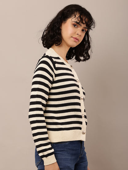 Cotton Full Sleeve with Round Neck Striped Cardigan
