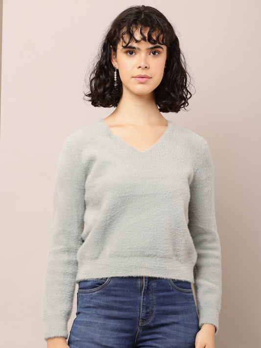 Nylon Full Sleeve with V-Neck Grey Sweater