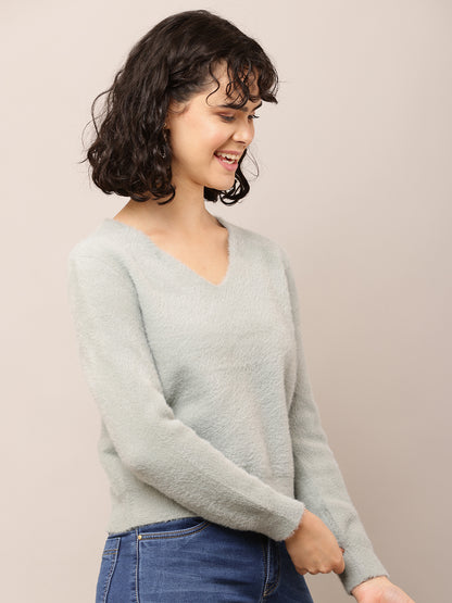 Nylon Full Sleeve with V-Neck Grey Sweater