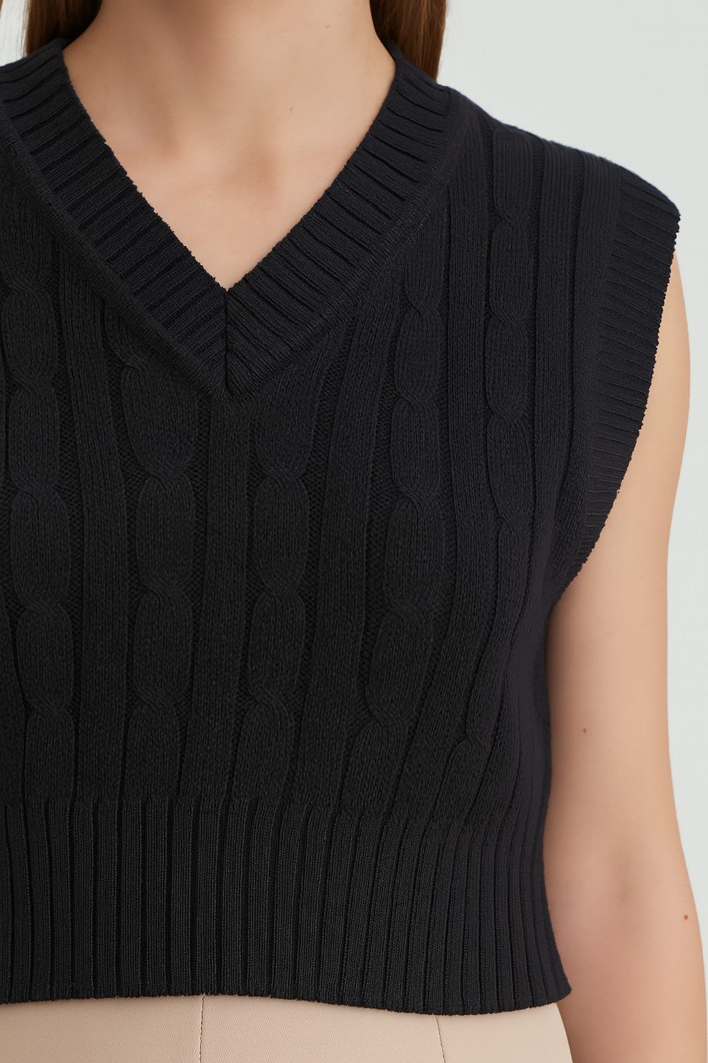 Acrylic Sleeveless with V-Neck Cable knit Dark Blue Sweater Vest