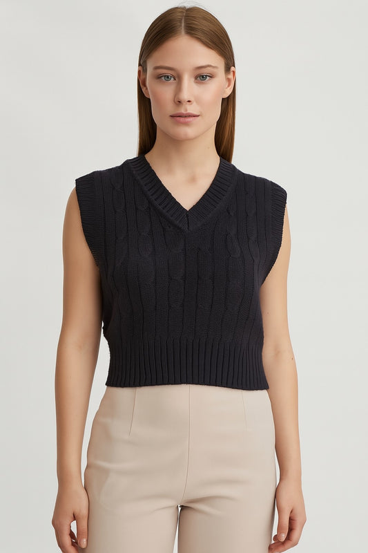 Acrylic Sleeveless with V-Neck Cable knit Dark Blue Sweater Vest