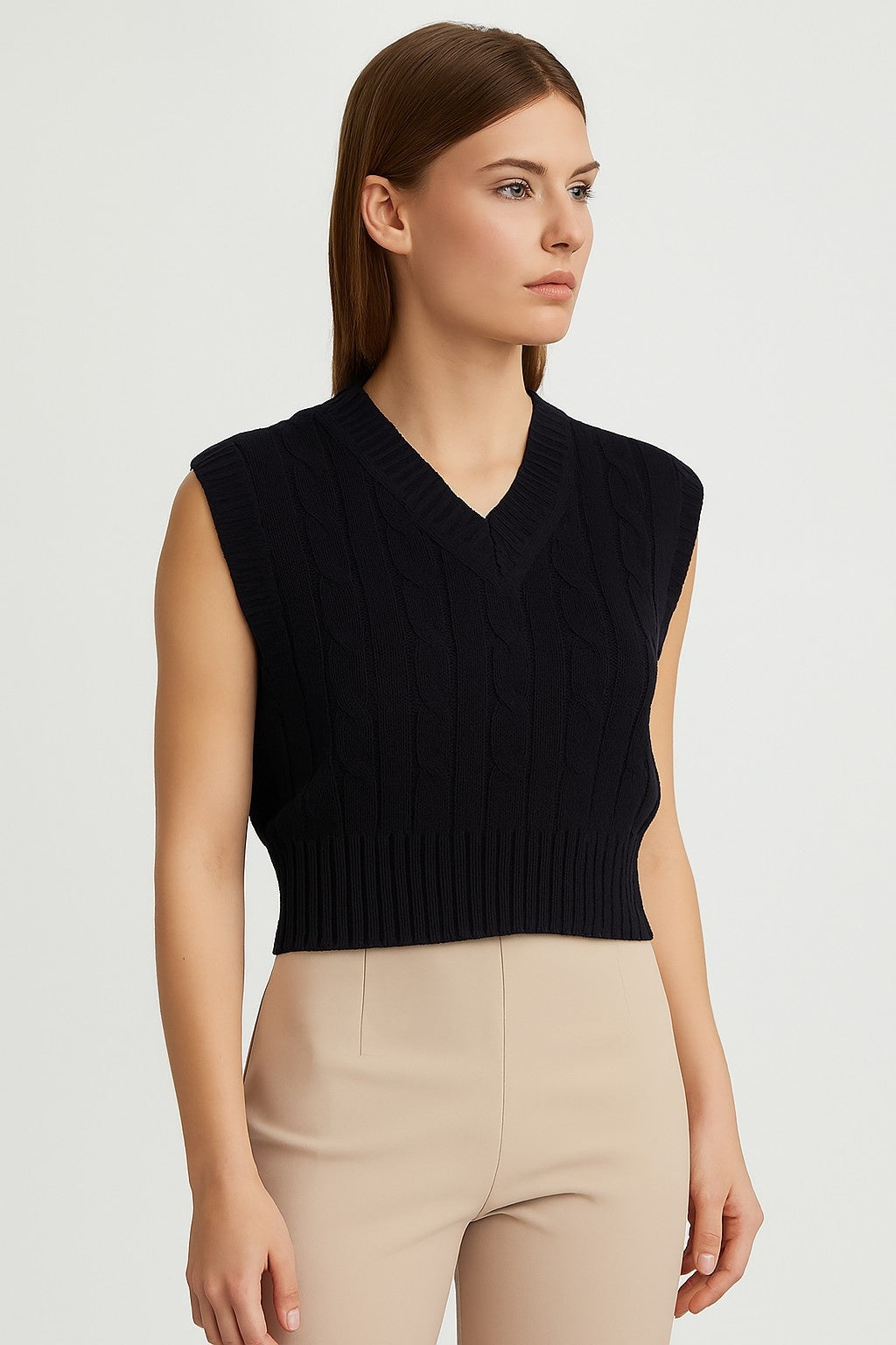 Acrylic Sleeveless with V-Neck Cable knit Dark Blue Sweater Vest