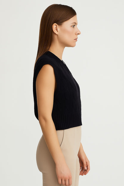 Acrylic Sleeveless with V-Neck Cable knit Dark Blue Sweater Vest