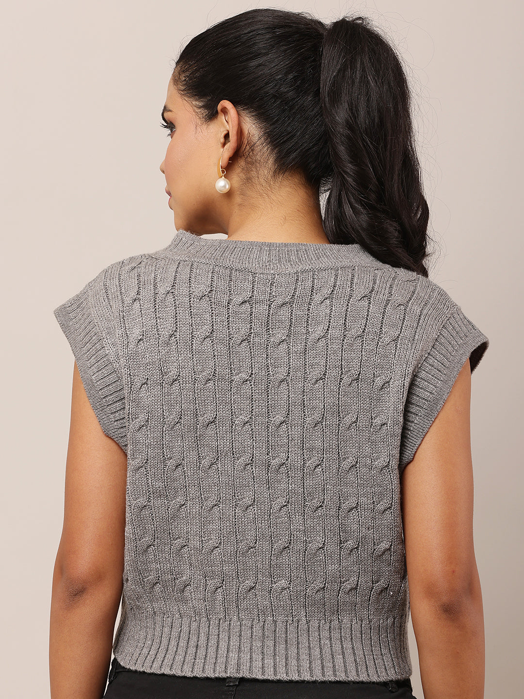 Acrylic Sleeveless with V-Neck Cable knit Grey Sweater Vest