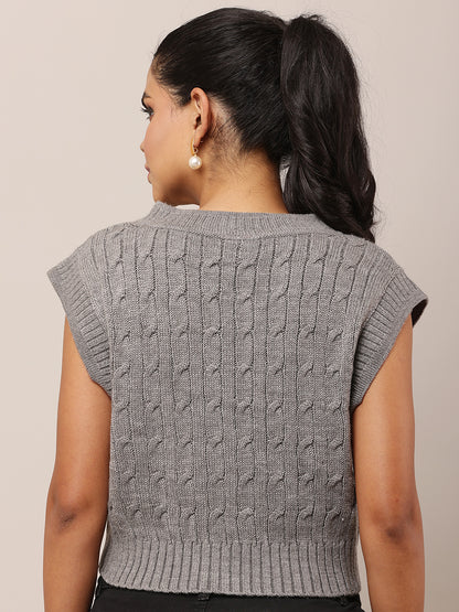 Acrylic Sleeveless with V-Neck Cable knit Grey Sweater Vest