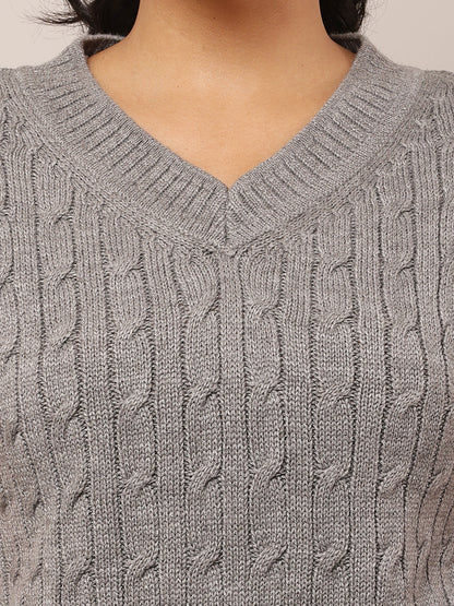 Acrylic Sleeveless with V-Neck Cable knit Grey Sweater Vest