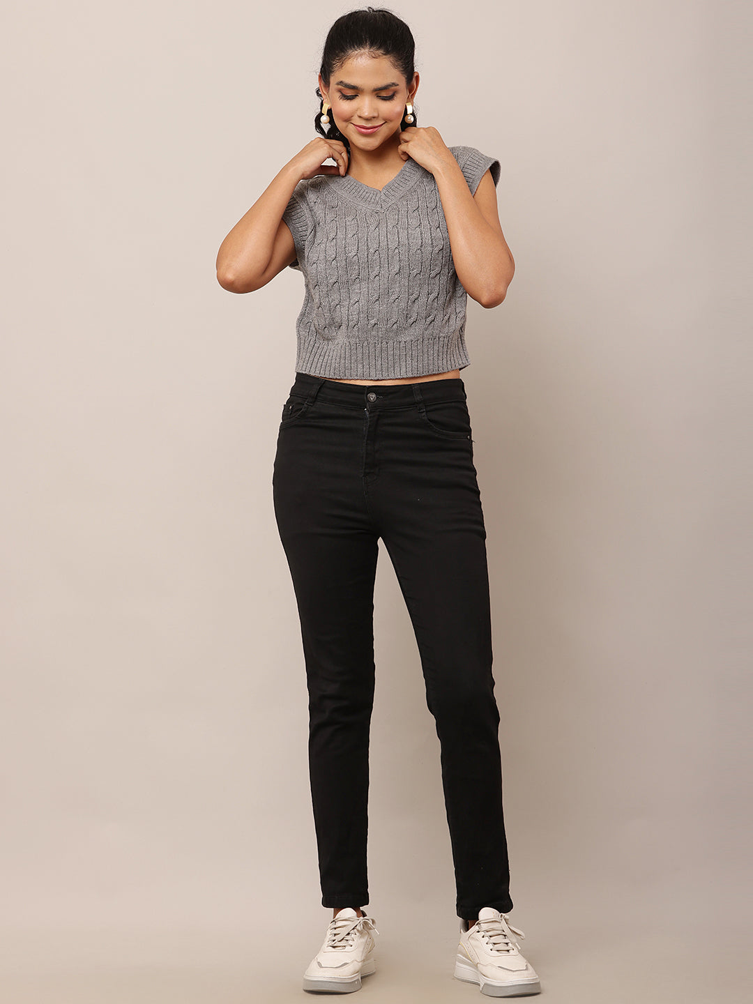 Acrylic Sleeveless with V-Neck Cable knit Grey Sweater Vest
