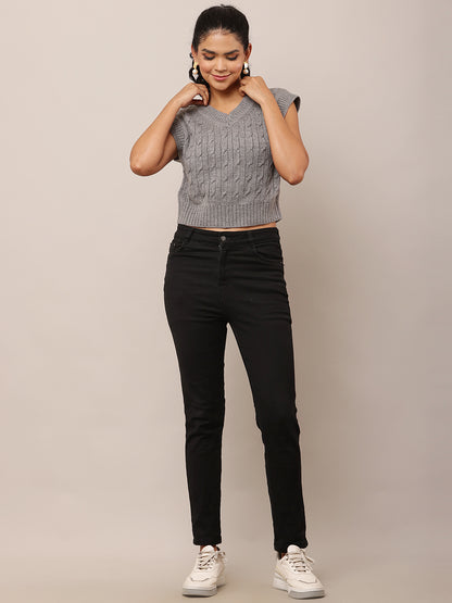 Acrylic Sleeveless with V-Neck Cable knit Grey Sweater Vest