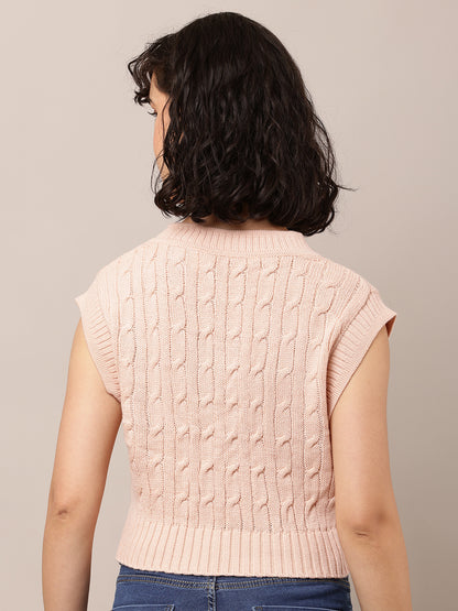 Acrylic Sleeveless with V-Neck Cable knit Pink Sweater Vest