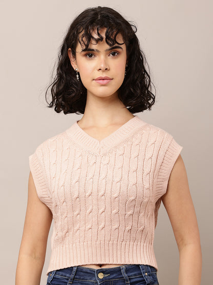 Acrylic Sleeveless with V-Neck Cable knit Pink Sweater Vest