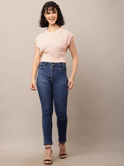Acrylic Sleeveless with V-Neck Cable knit Pink Sweater Vest