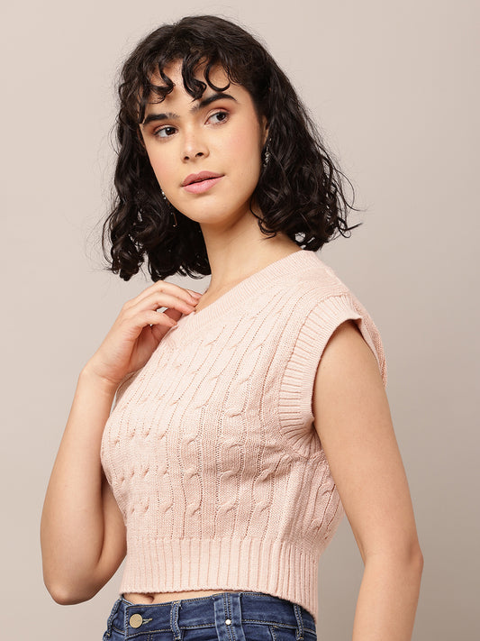 Acrylic Sleeveless with V-Neck Cable knit Pink Sweater Vest