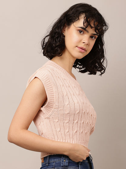 Acrylic Sleeveless with V-Neck Cable knit Pink Sweater Vest