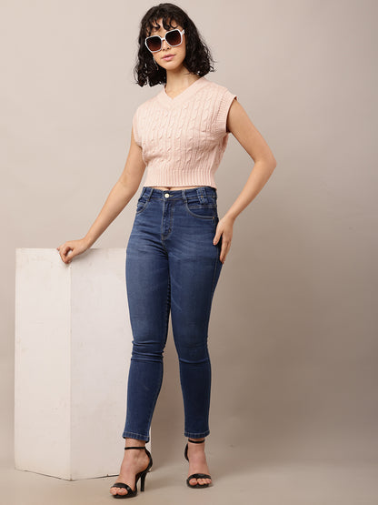 Acrylic Sleeveless with V-Neck Cable knit Pink Sweater Vest