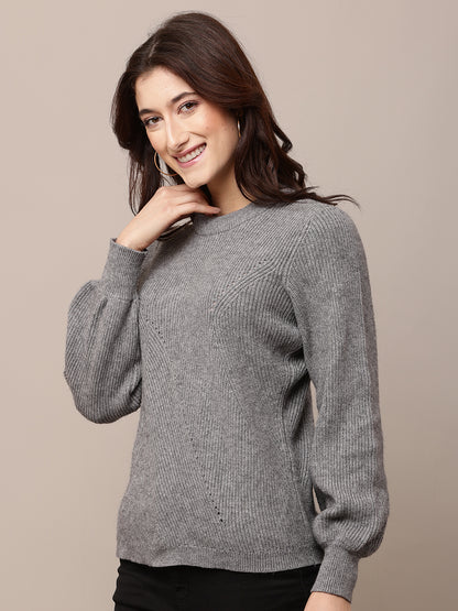 Acrylic Full Sleeve with Round Neck Grey Sweater