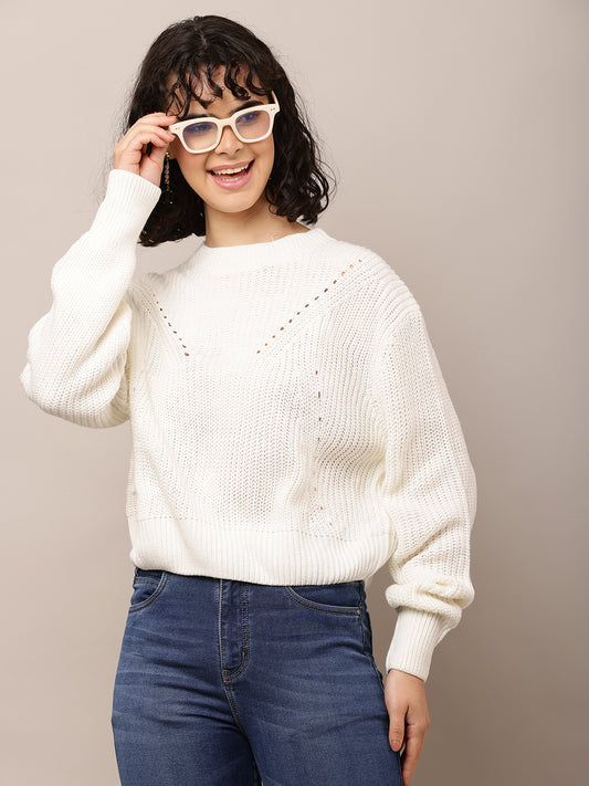 Acrylic Full Sleeve with Round Neck White Sweater