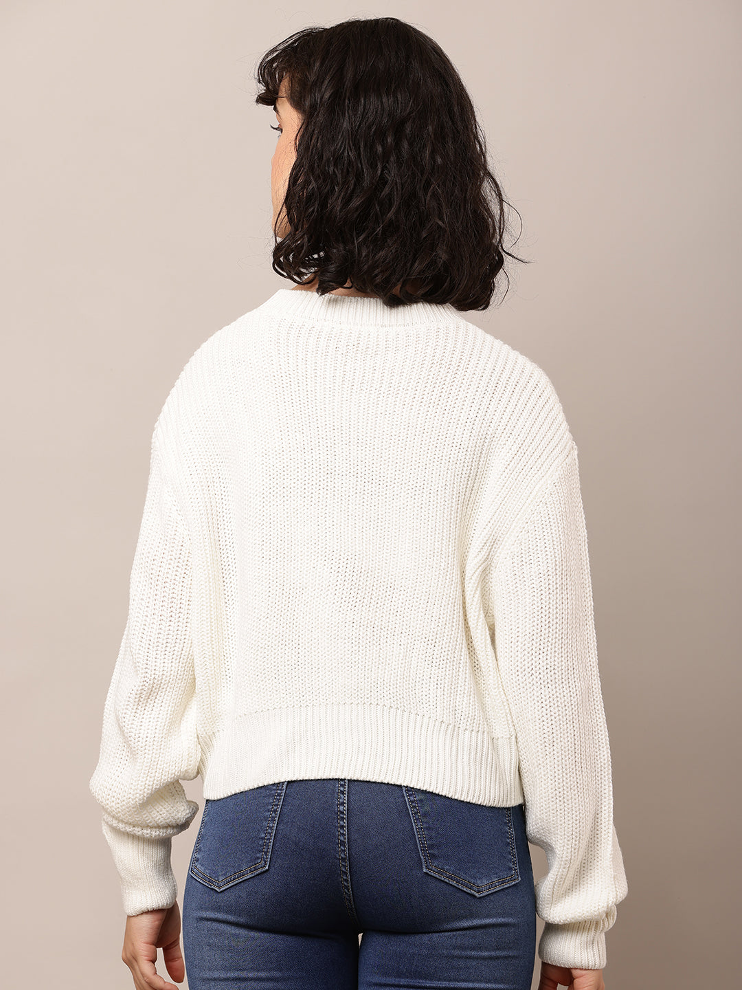 Acrylic Full Sleeve with Round Neck White Sweater