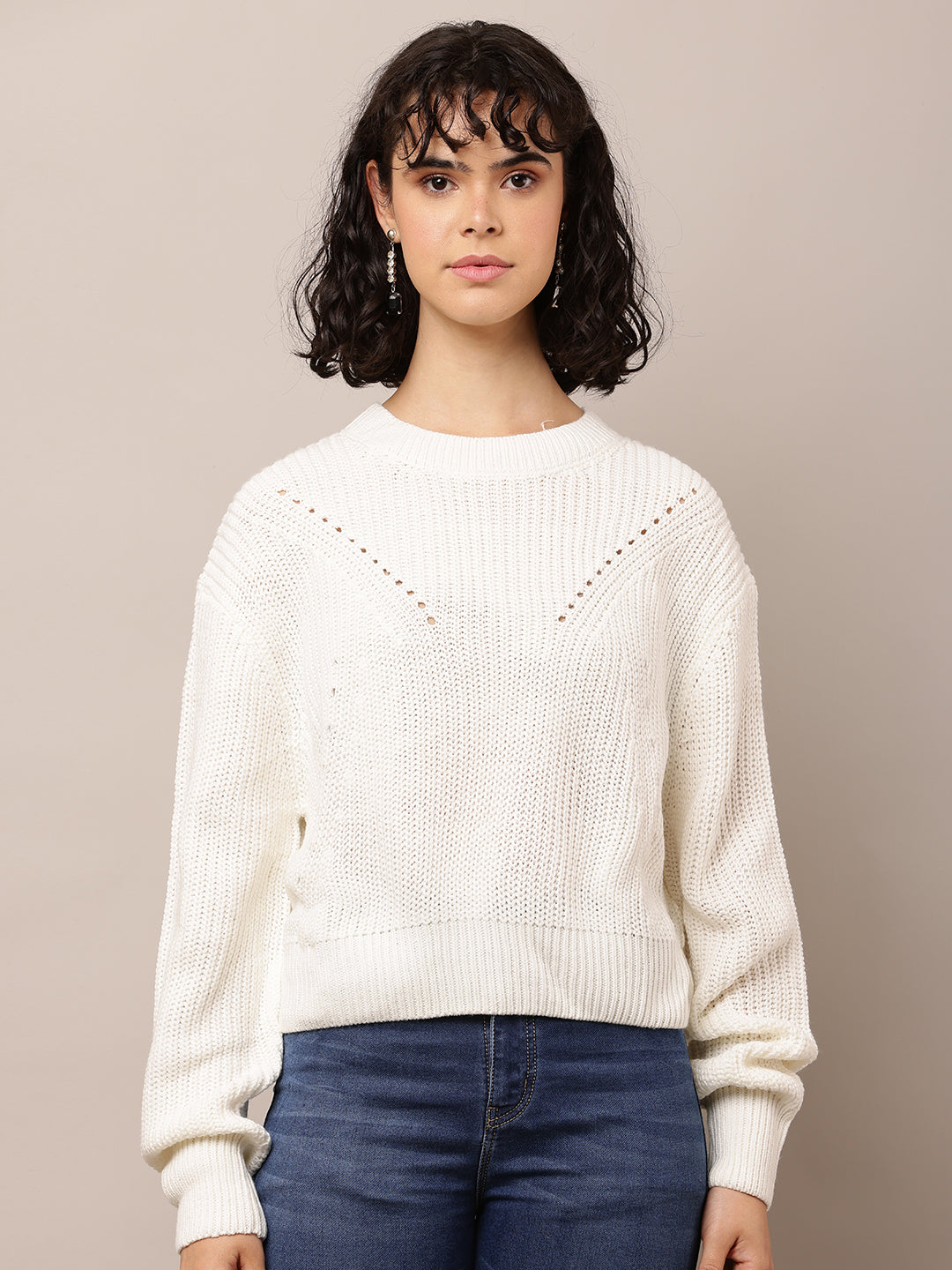Acrylic Full Sleeve with Round Neck White Sweater