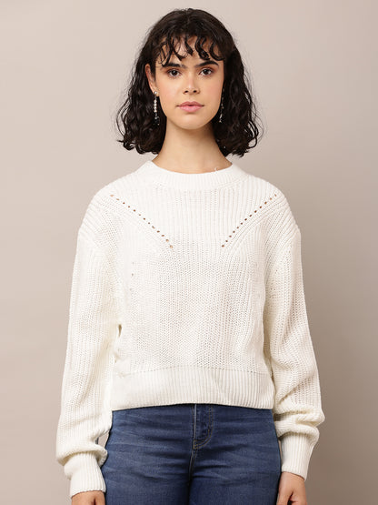 Acrylic Full Sleeve with Round Neck White Sweater