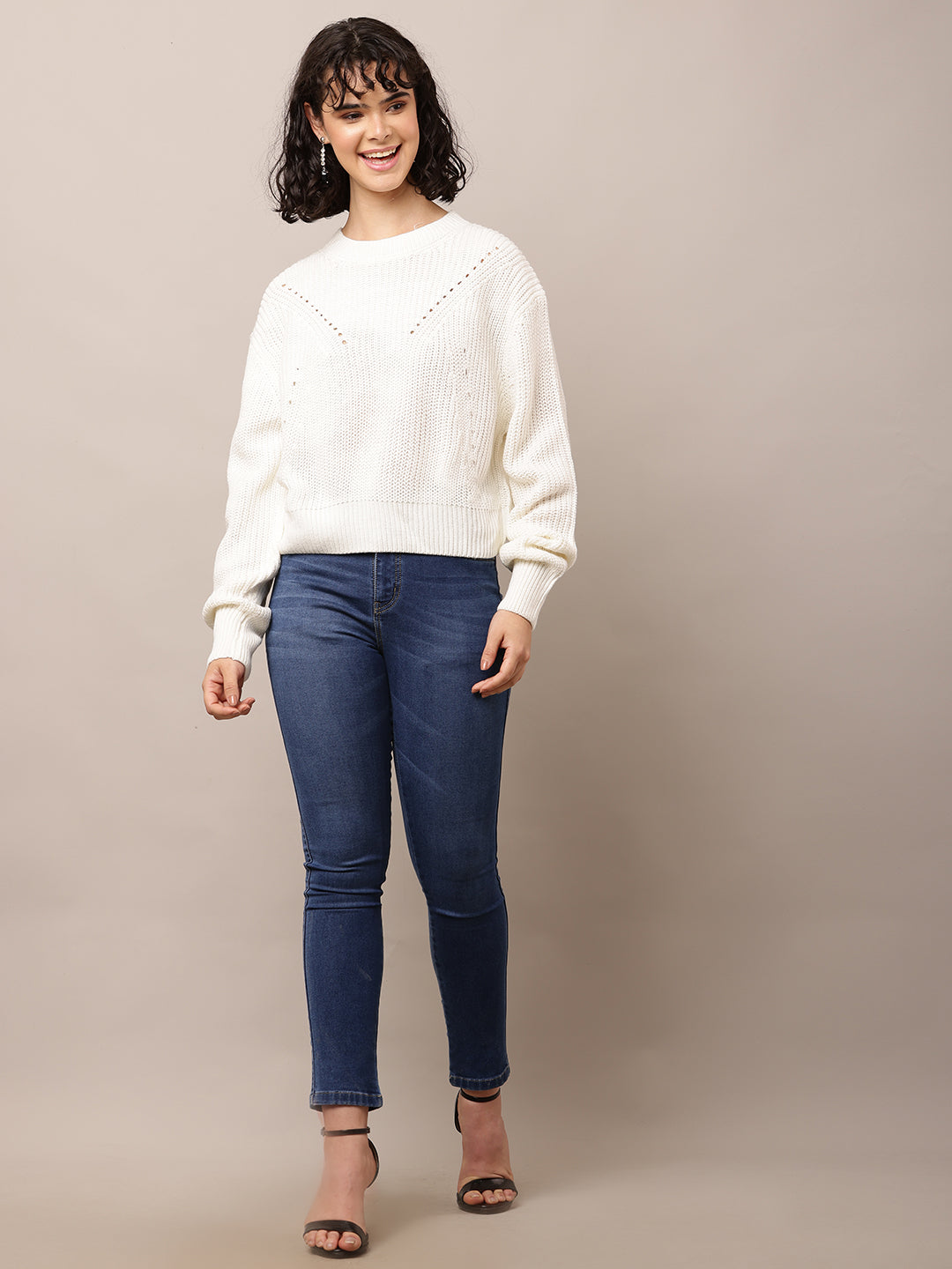 Acrylic Full Sleeve with Round Neck White Sweater