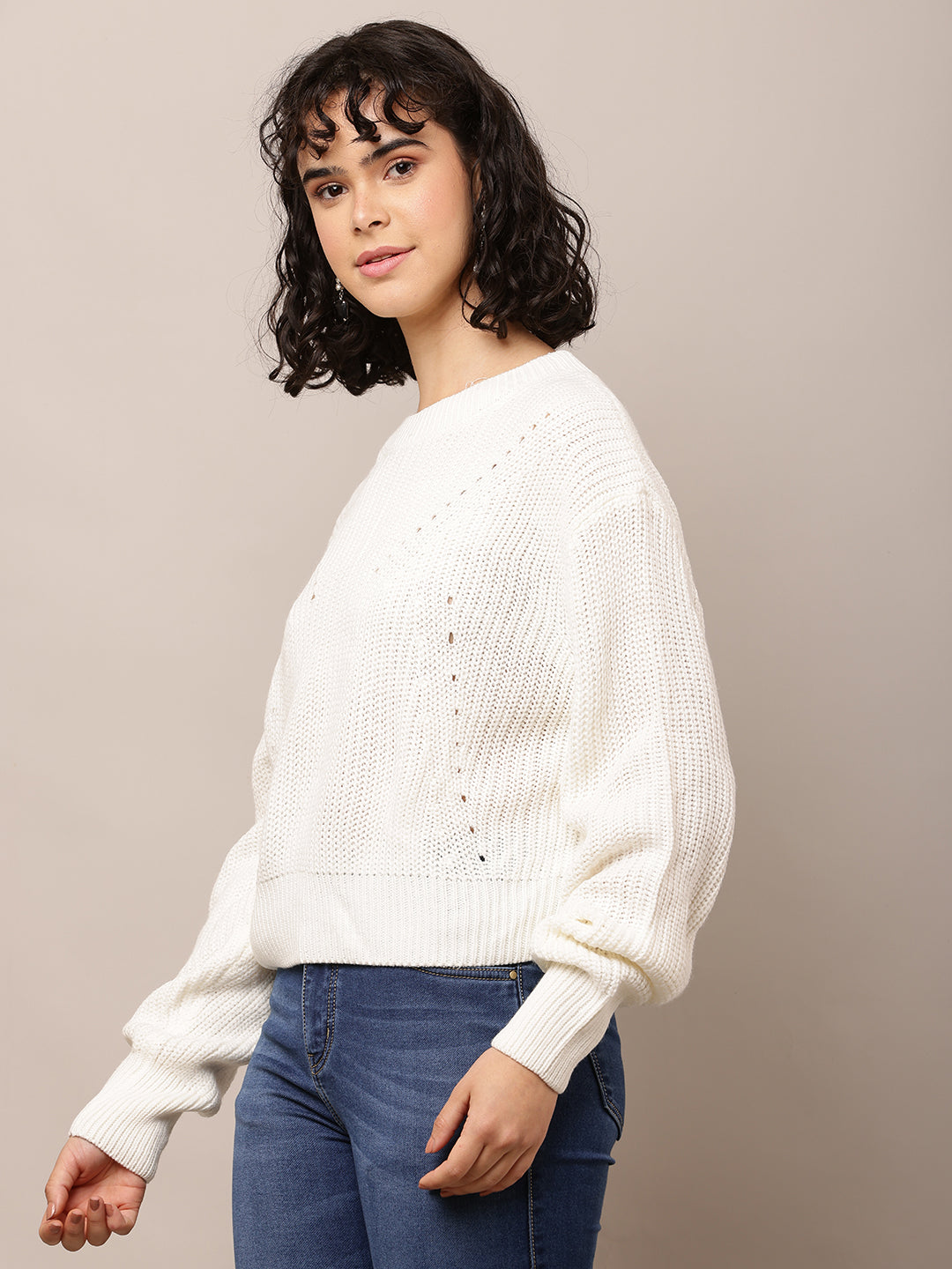 Acrylic Full Sleeve with Round Neck White Sweater