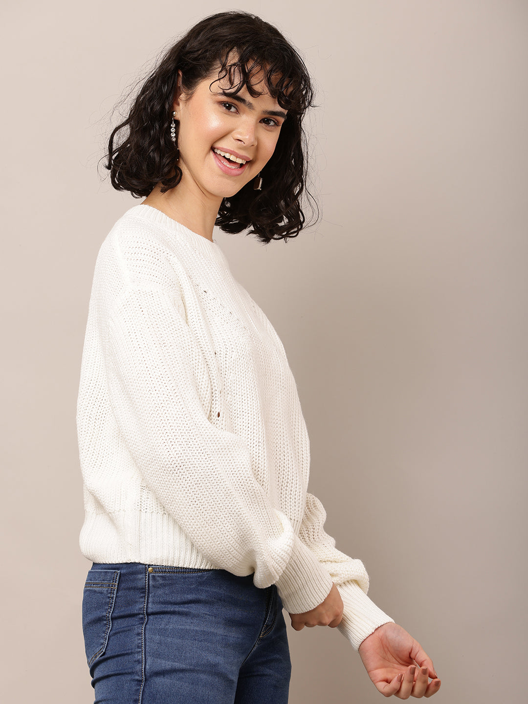 Acrylic Full Sleeve with Round Neck White Sweater
