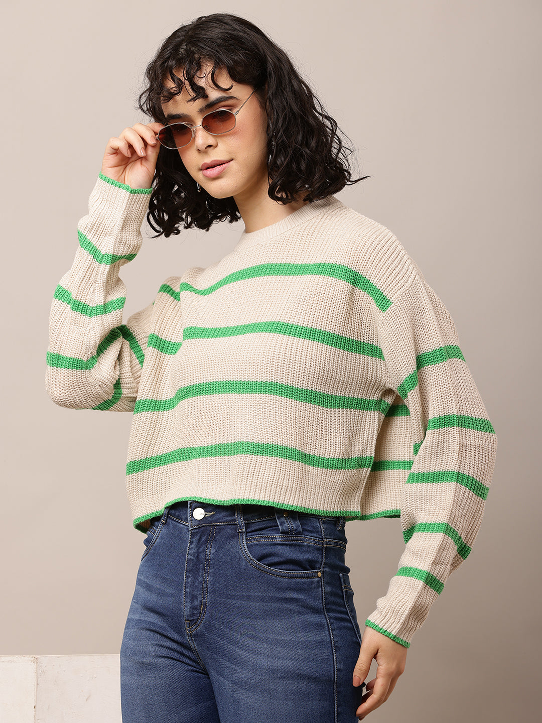Acrylic Full Sleeve with Turtle Neck Green and Beige Striped Sweater