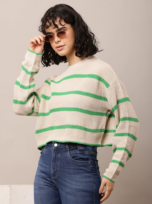 Acrylic Full Sleeve with Turtle Neck Green and Beige Striped Sweater
