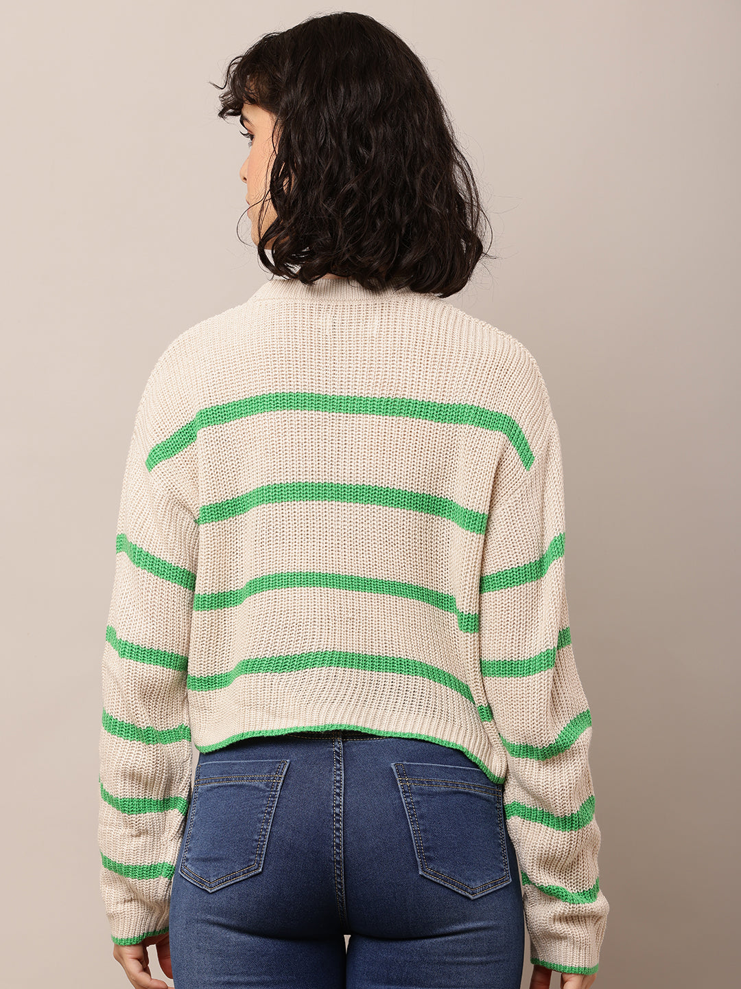Acrylic Full Sleeve with Turtle Neck Green and Beige Striped Sweater