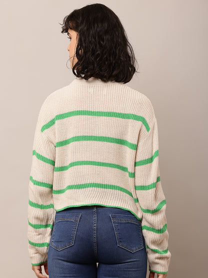 Acrylic Full Sleeve with Turtle Neck Green and Beige Striped Sweater