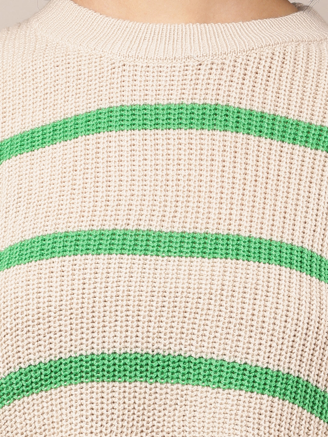 Acrylic Full Sleeve with Turtle Neck Green and Beige Striped Sweater