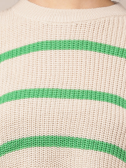 Acrylic Full Sleeve with Turtle Neck Green and Beige Striped Sweater